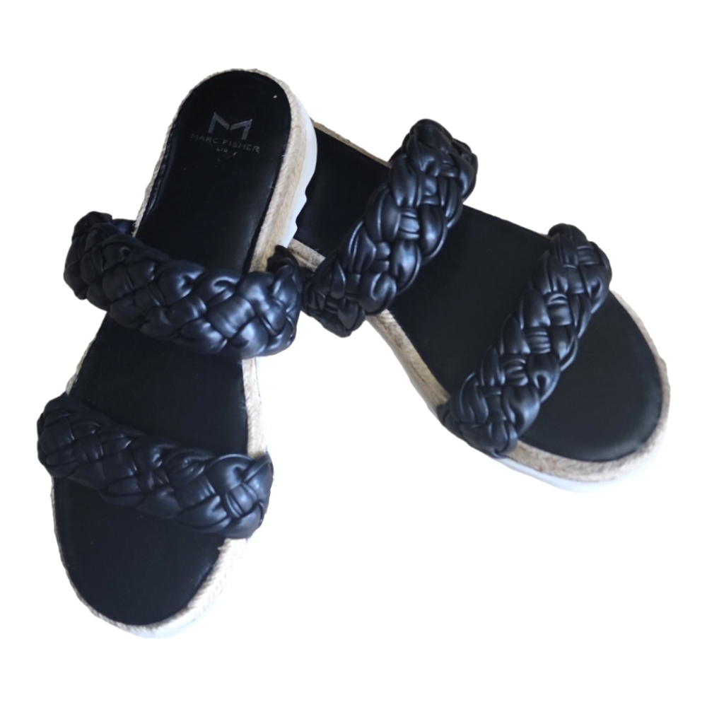 BN Marc Fisher LTD Black Jaimee Leather Braided Espadrilles Sandals Sz 7.5 - Picture 2 of 3